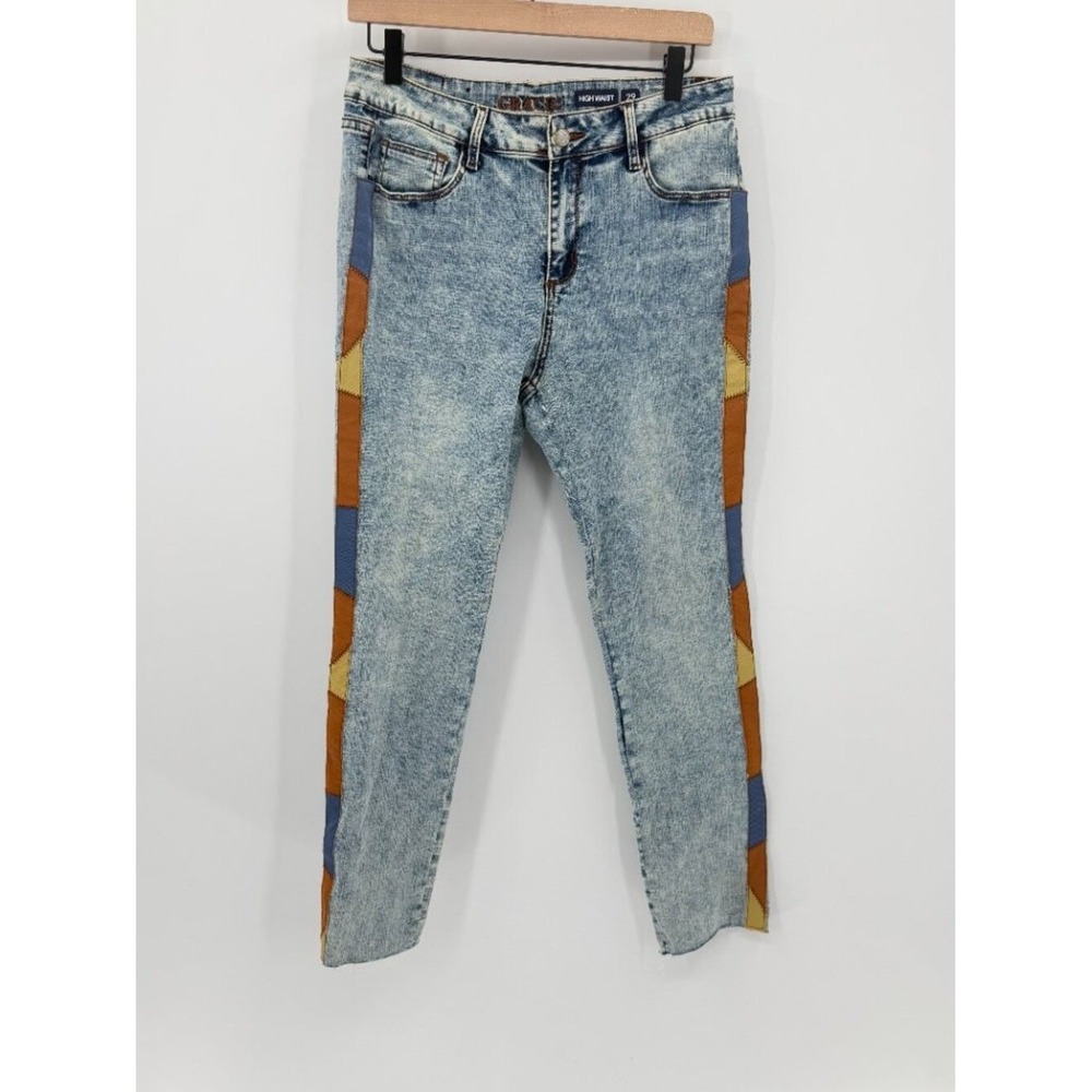 Grace Jeans 29 High Waist Skinny Acid Wash Patchwork Side Stripe Retro Festival